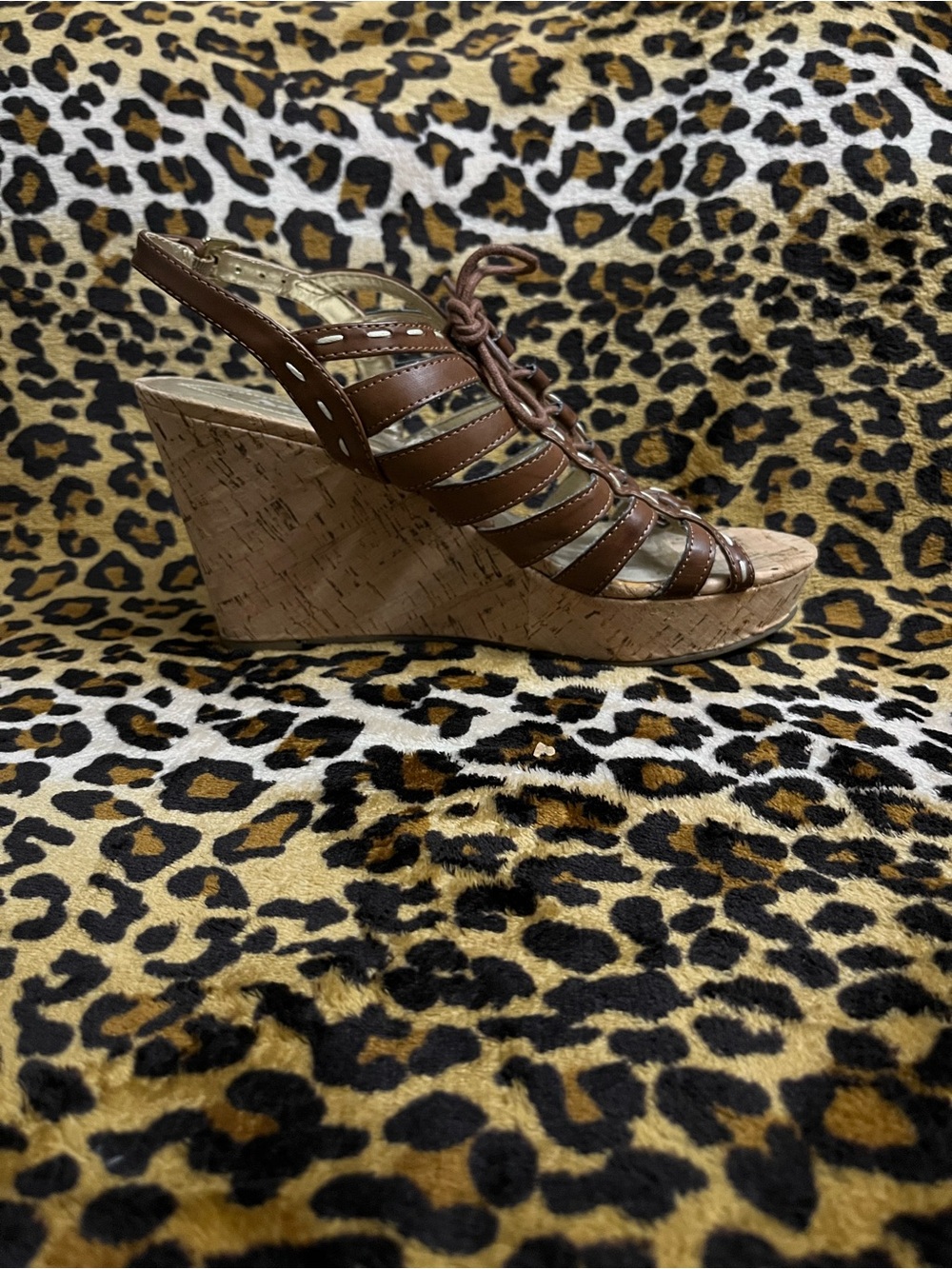 Brown Leather Strappy Cork Wedge Sandals - Women